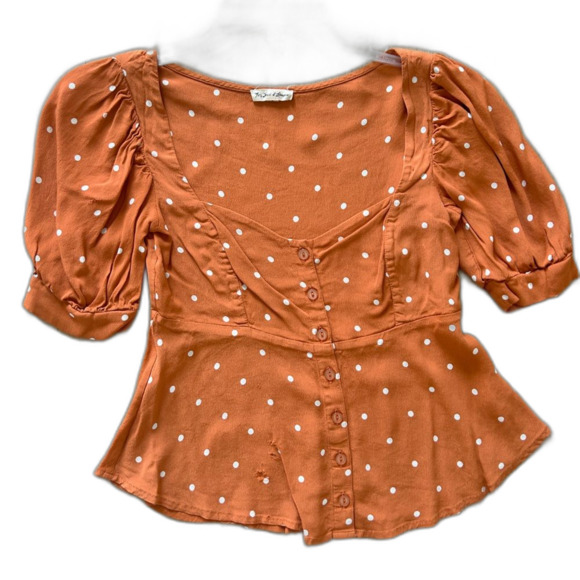 For Love & Lemons Top Blouse Orange Polka Dot Short Sleeve  Fall Designer V neck - Picture 1 of 3